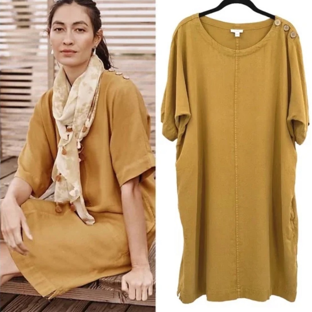 J Jill Pure Jill Mustard Yellow Dress Pockets 100% Tencel Short Sleeve Shift